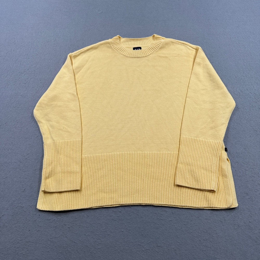 GAP Sweater Womens XL Yellow Relaxed Fit Ribbed Knit Crewneck Pullover Side Slit